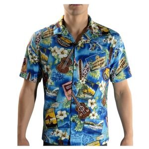 Hawaiian‎ Shirt Mens Medium Blue Floral Ukulele Tiki Surf Aloha Palmwave